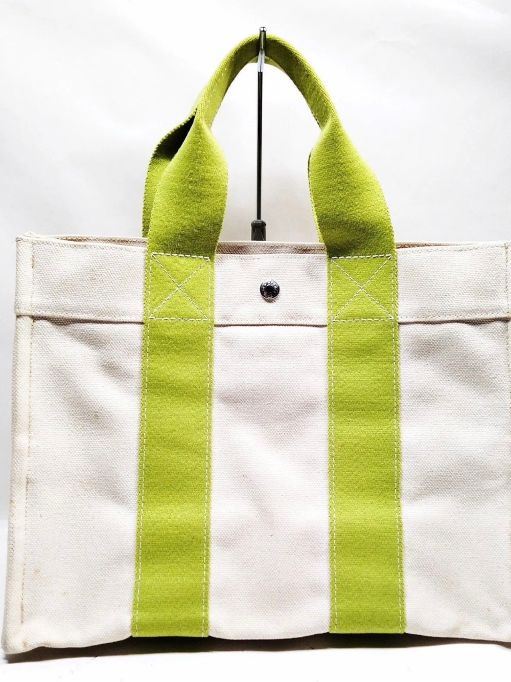Hermes Cream Canvas Tote with Lime Green Handles